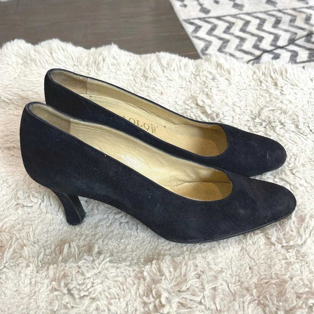 Paolo Black Suede Pumps Made in Italy Almond Toe Kitten Heel Womens Size 8.5 M